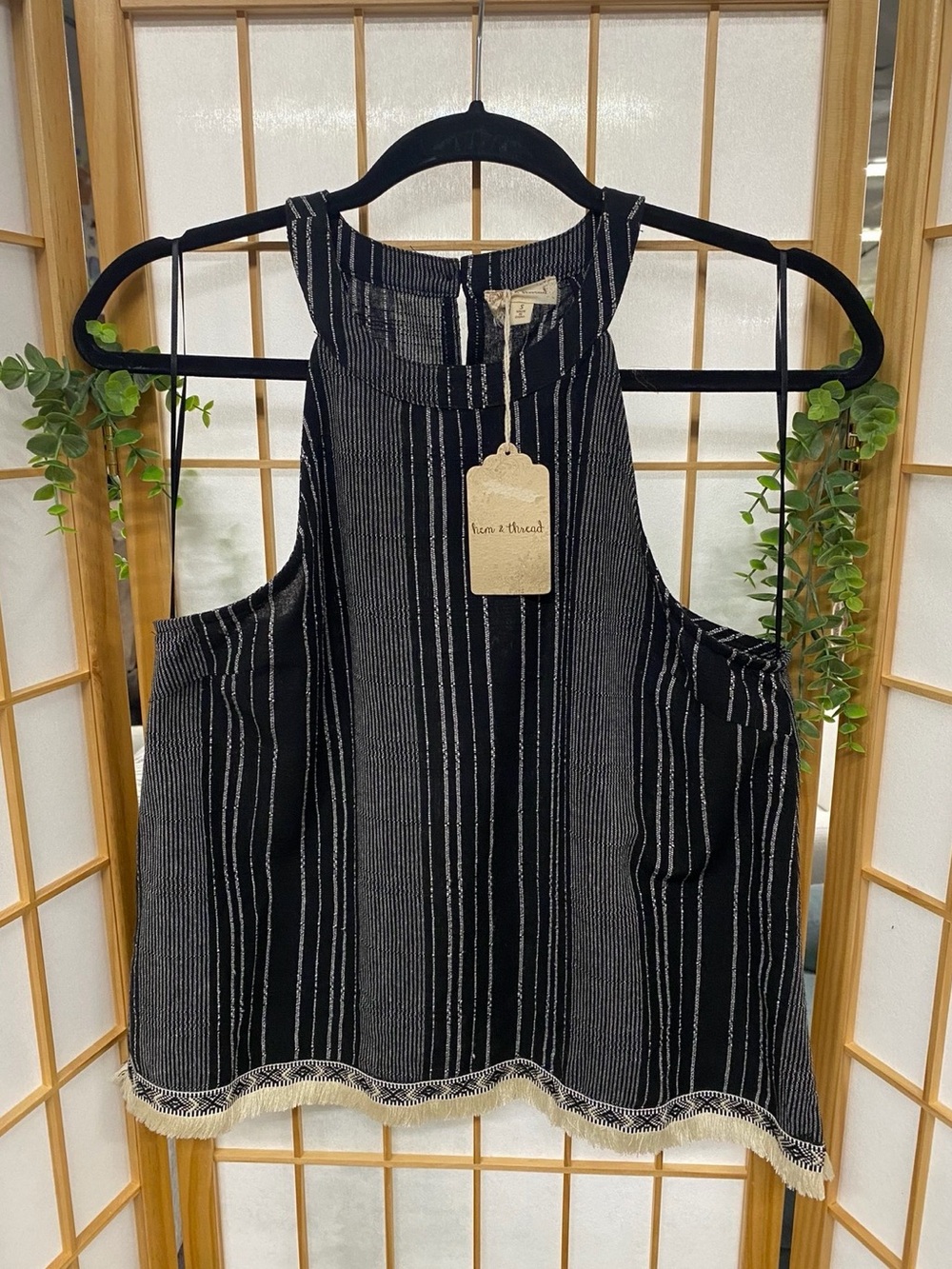 Hem & Thread Black and White Striped Fringe Tank